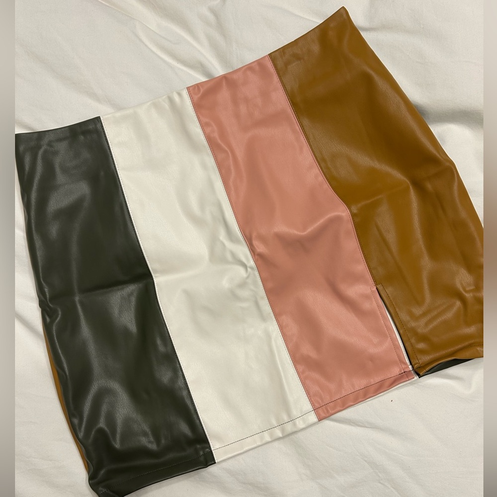 Colorblock Leather Skirt - Green, White, Pink, Brown